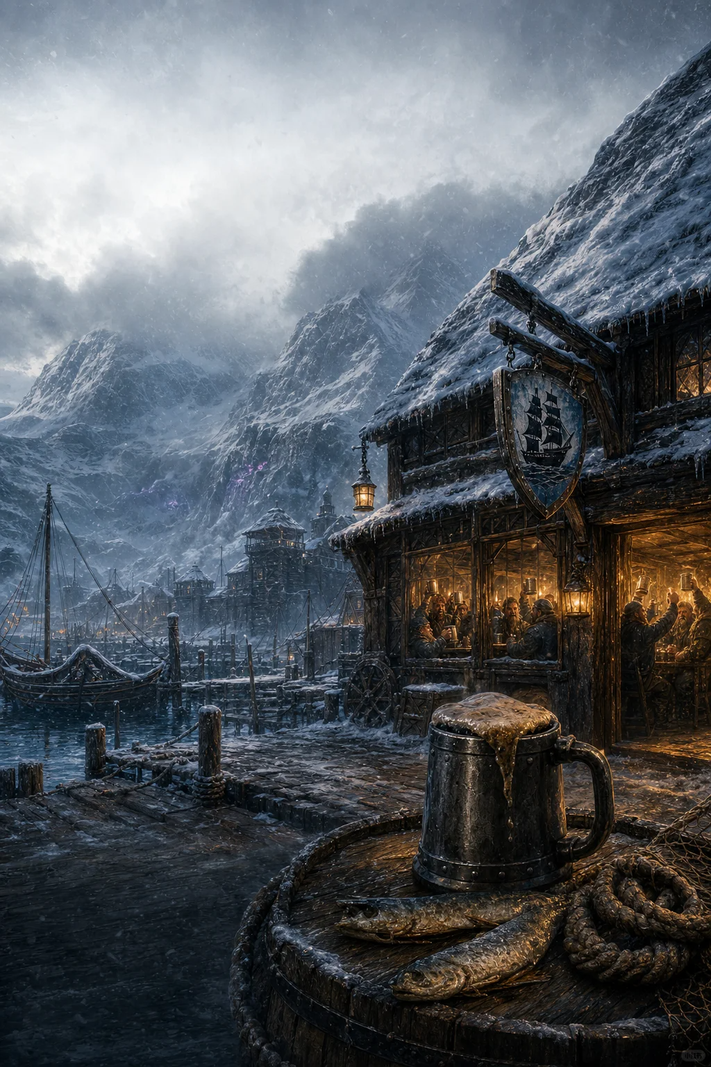 十镇冬日的雪山港口与咸狗酒吧